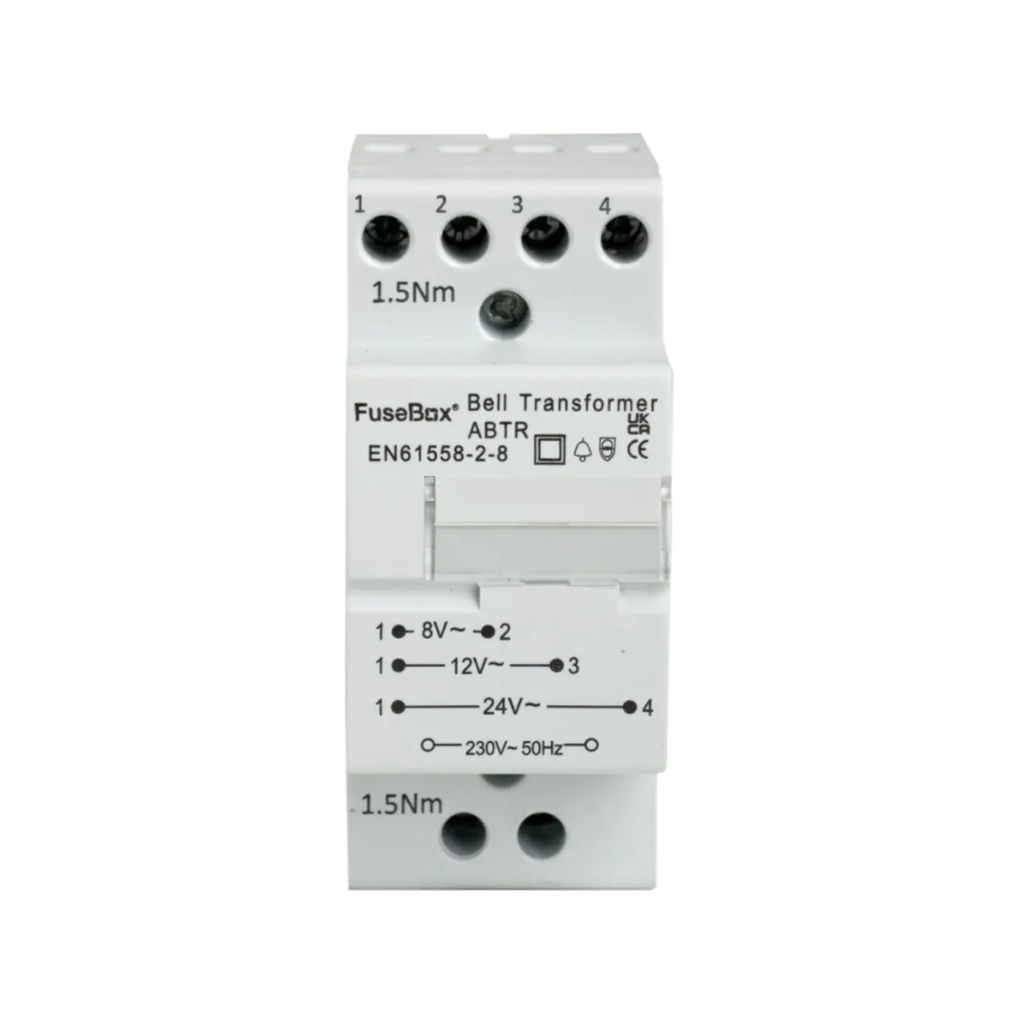FuseBox Bell Transformer with labeled terminals on a white background