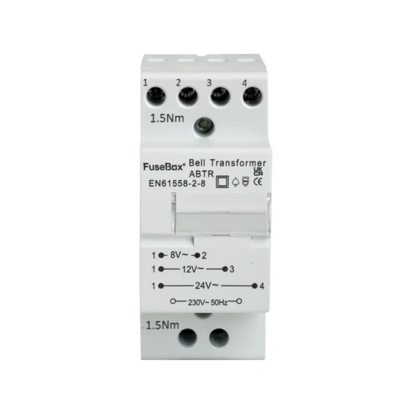 FuseBox Bell Transformer with labeled terminals on a white background