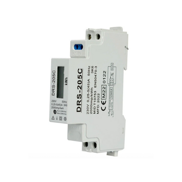 Electrical relay module with 'DRS-205C' branding on a white background