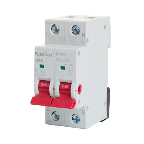 Electrical main switch with red toggle on a white background